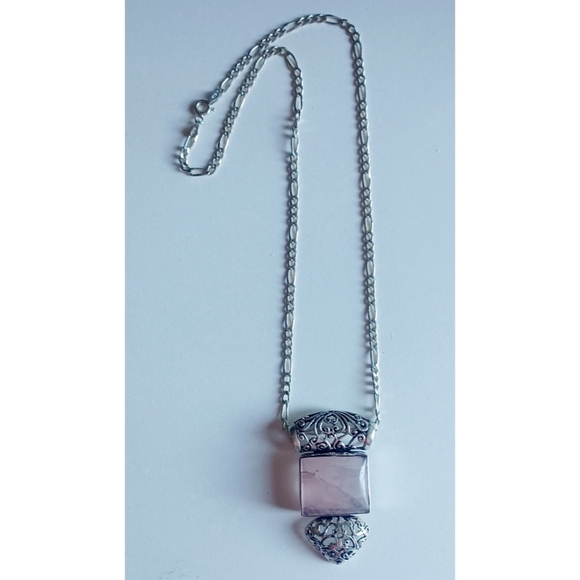 Silver 925 and Rose Pink Jadeite Scrollwork Pendant Necklace - Picture 1 of 3